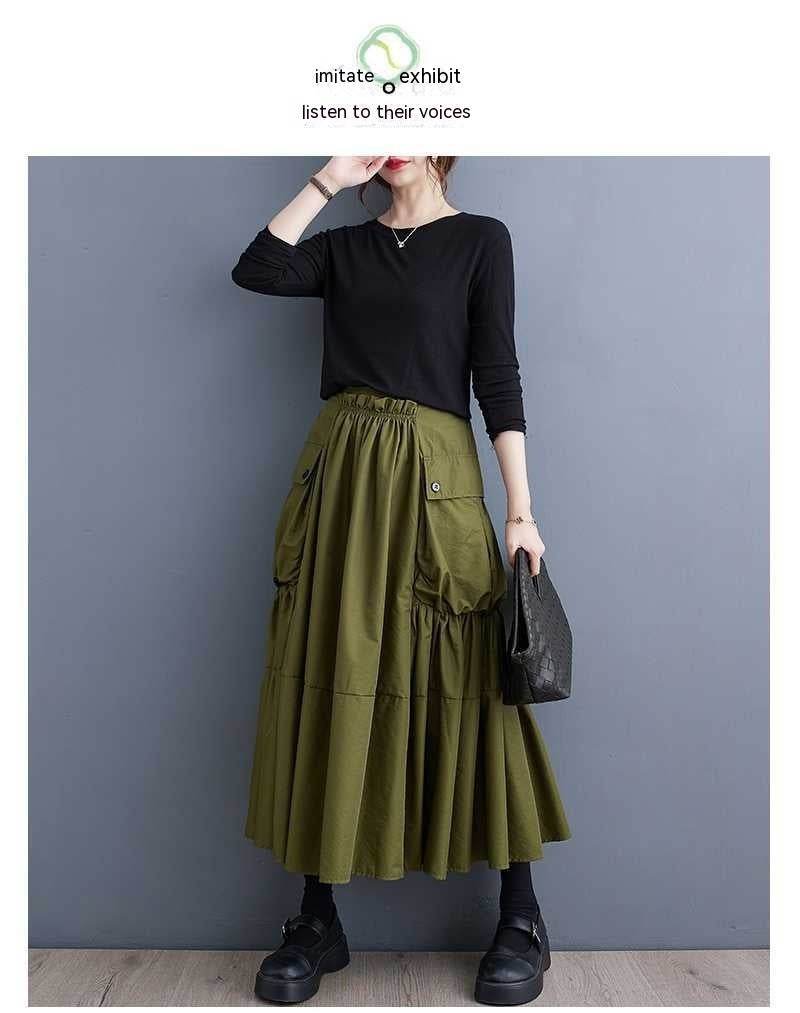 Loose Slimming Workwear Large Pocket Large Hem High Waist Pleated Skirt - Mubimart