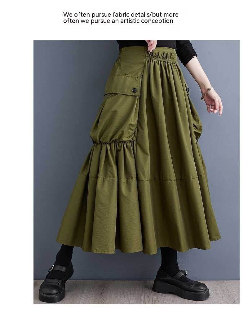 Loose Slimming Workwear Large Pocket Large Hem High Waist Pleated Skirt - Mubimart