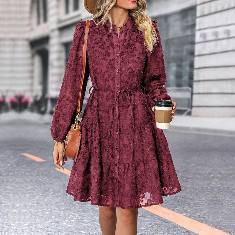Lace Tied Long Sleeve Dress Fashion Medium Length Dresses Womens Clothing - Mubimart