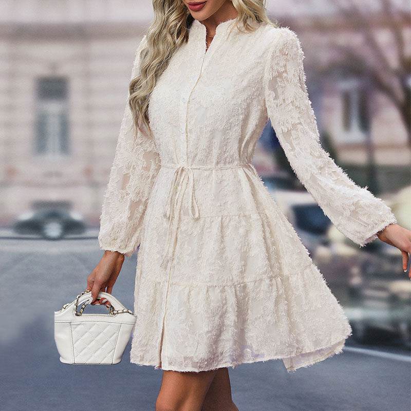 Lace Tied Long Sleeve Dress Fashion Medium Length Dresses Womens Clothing - Mubimart