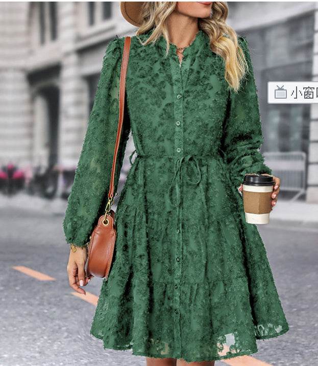 Lace Tied Long Sleeve Dress Fashion Medium Length Dresses Womens Clothing - Mubimart