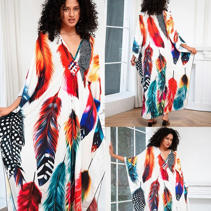 Print Holiday Loose Plus Size Robe Beach Cover-up Dress - Mubimart -  