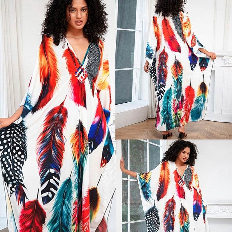 Print Holiday Loose Plus Size Robe Beach Cover-up Dress - Mubimart