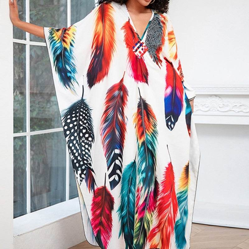 Print Holiday Loose Plus Size Robe Beach Cover-up Dress - Mubimart