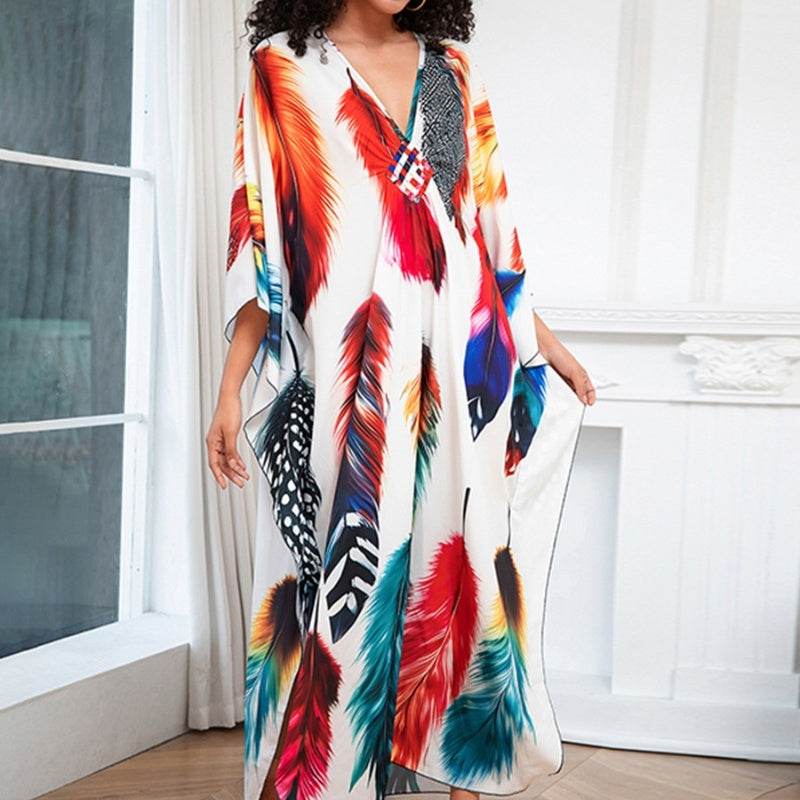 Print Holiday Loose Plus Size Robe Beach Cover-up Dress - Mubimart