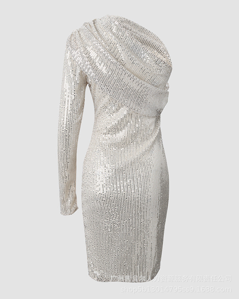 Silver One Shoulder Sequin Formal Dress - Mubimart -  