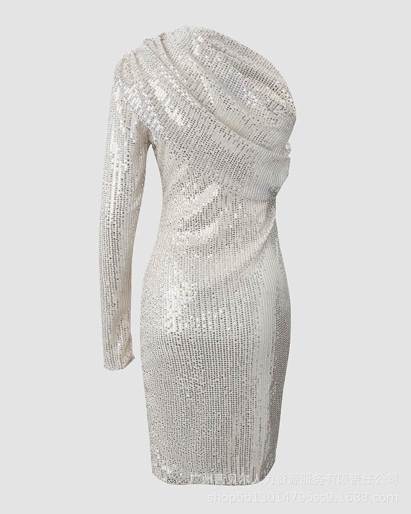 Silver One Shoulder Sequin Formal Dress - Mubimart