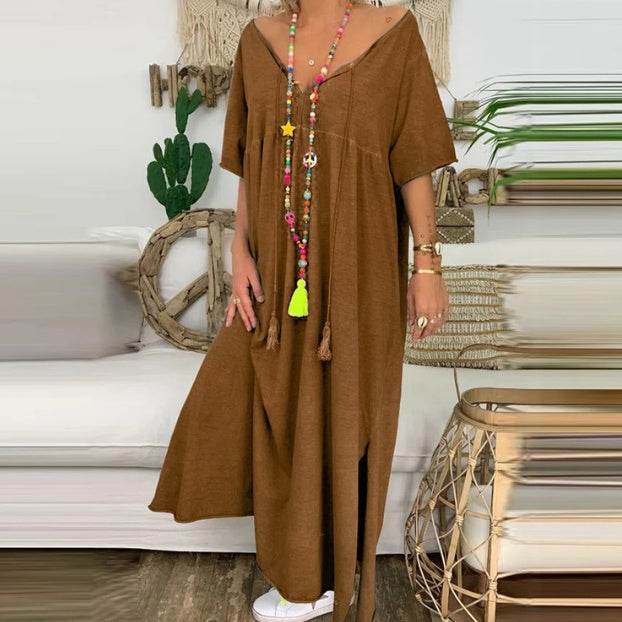 V-neck short sleeve casual plus size dress - Mubimart