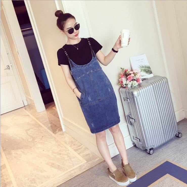 Fat mm denim strap skirt fat sister summer dress ageing gas suit large size women's slim two-piece suit - Mubimart