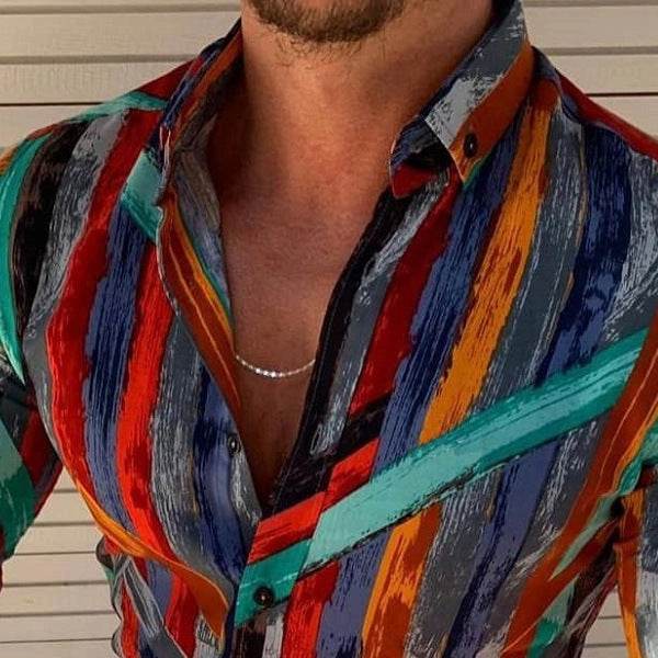 Motley Striped Lapel Button Down Shirt - Mubimart