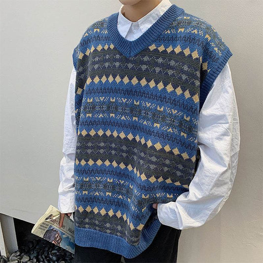 Ethnic style jacquard sweater vest - Mubimart