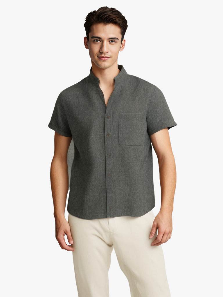 Solid-color Short-sleeved Lapel Shirt Summer Breathable Cotton And Linen Top Mens Clothing - Mubimart