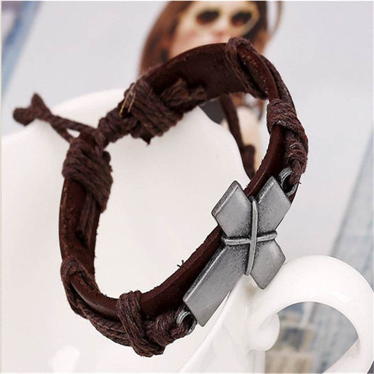 Brown Leather Cross Bracelets - Mubimart