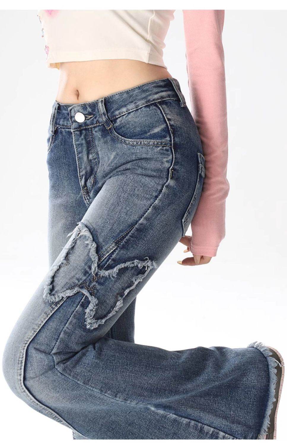 American Retro Butterfly Embroidery Slightly Flared Jeans Women - Mubimart