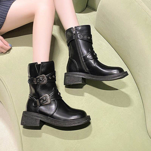 Brown Women's Ankle Boots Retro Square Toe - Mubimart