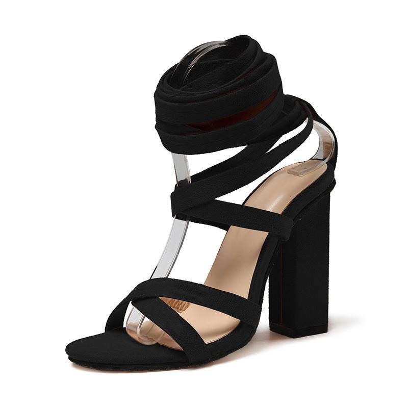 Strappy round toe chunky high heel sandals - Mubimart