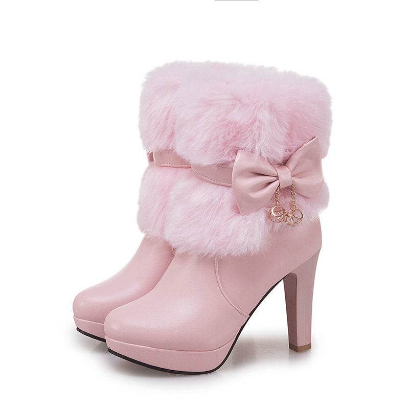 Sweet Princess Autumn And Winter Short Boots Snow Women Middle Boots Women Boots Thick Heel Short Boots - Mubimart