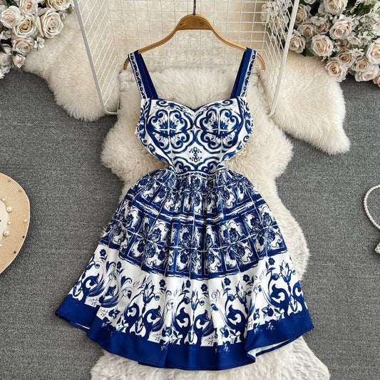 Retro Printing Slip Dress Women - Mubimart