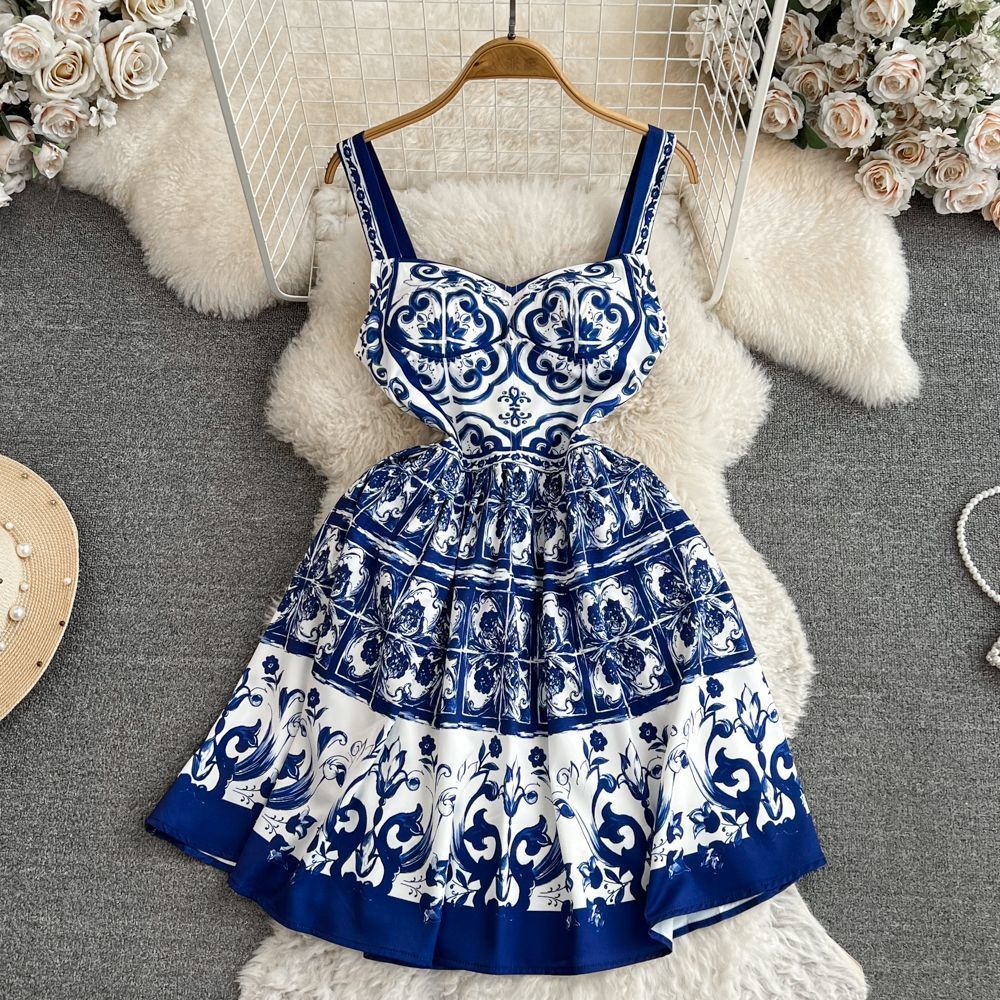 Retro Printing Slip Dress Women - Mubimart - Slip dress 