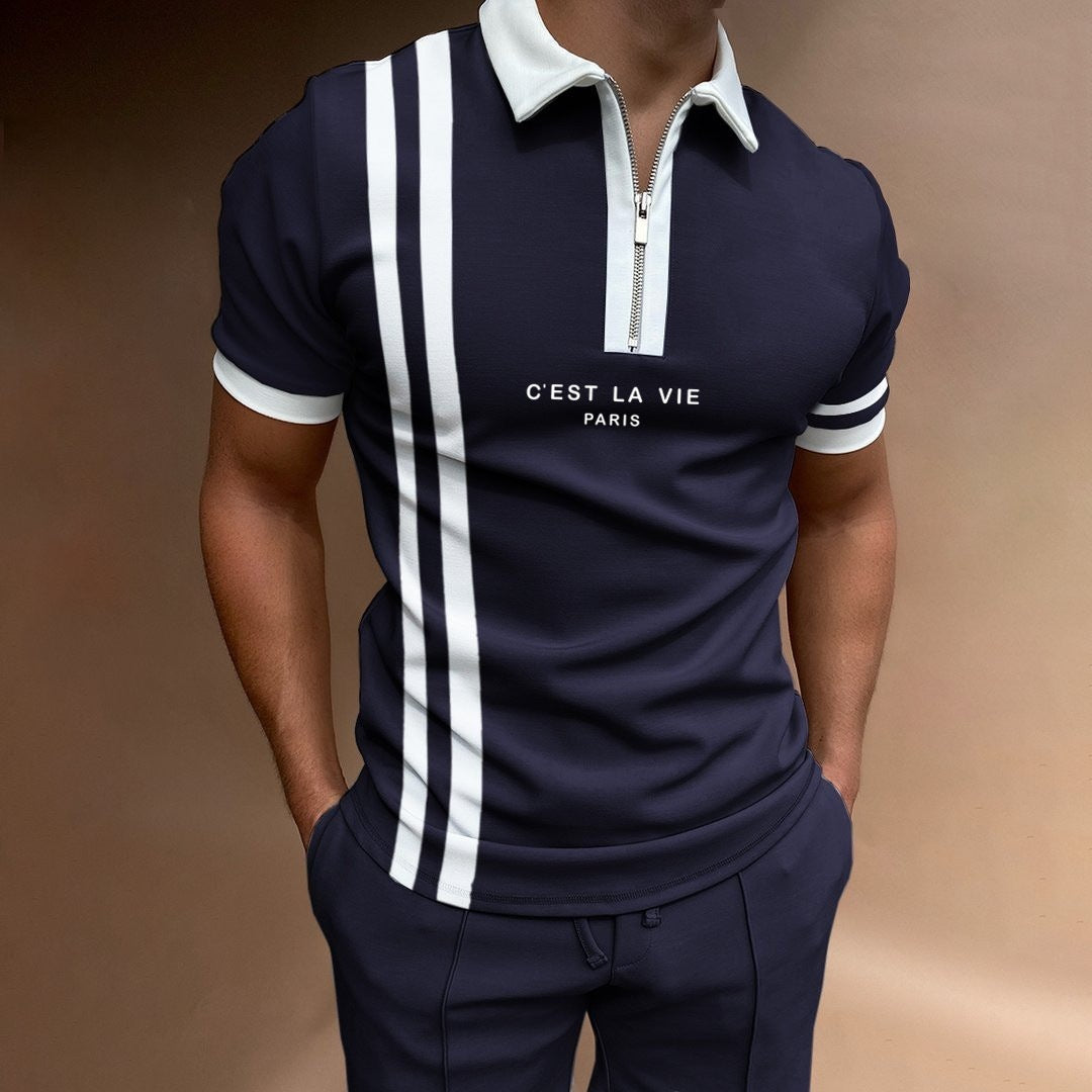 Men's Summer Polo Zipper Color Matching Sports Polo Shirt