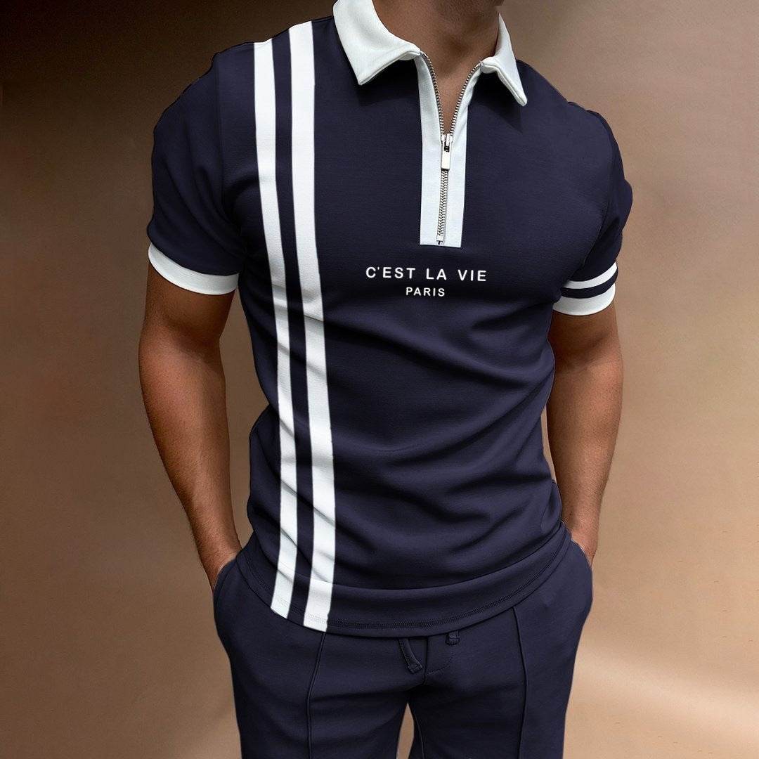 Men's Summer Polo Zipper Color Matching Sports Polo Shirt - Mubimart