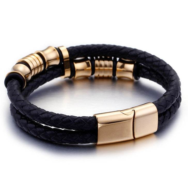 Gold Color Stainless Steel Leather Bracelet Men Black Mens Leather Wrap Bracelets Jewelry Wristband With Magnet Clasp - Mubimart