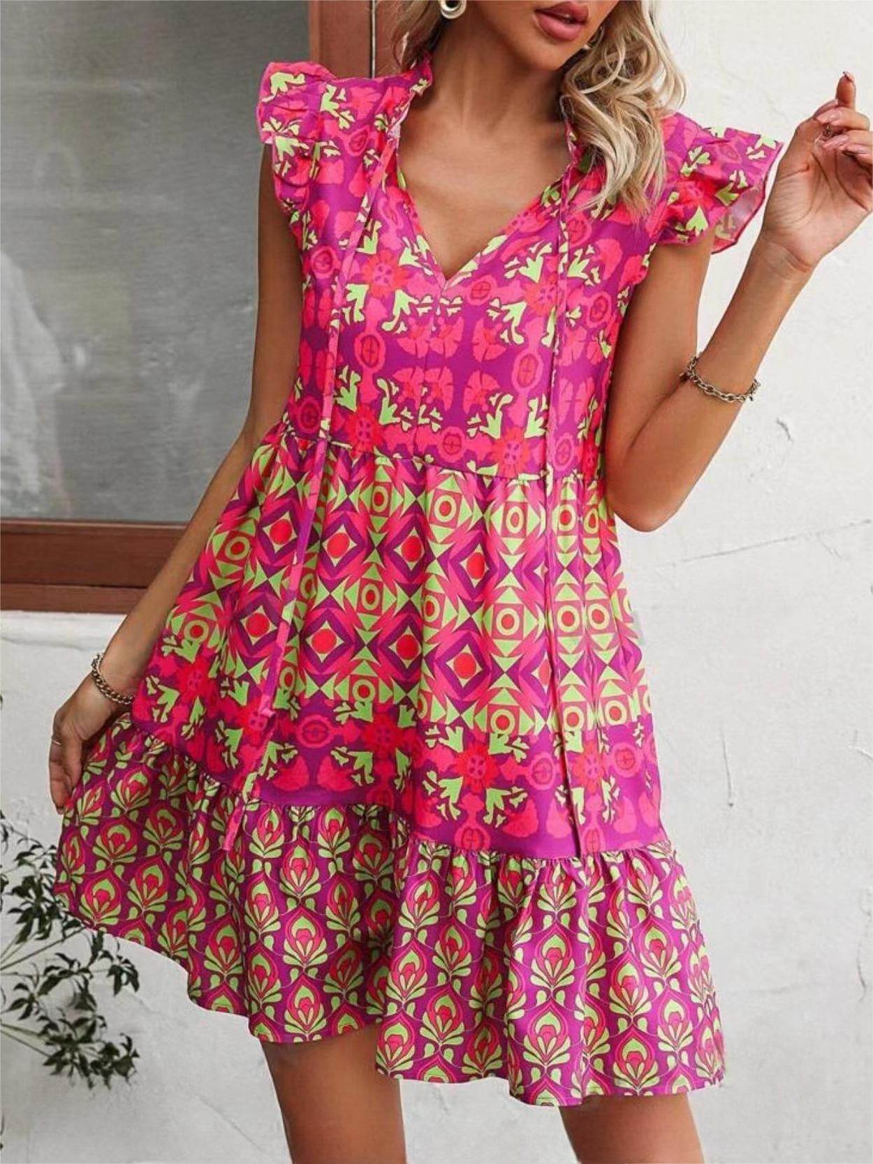 Printed Sleeveless Dress Summer Fashion V-Neck Lace-up Straight Dresses For Womens Clothing - Mubimart