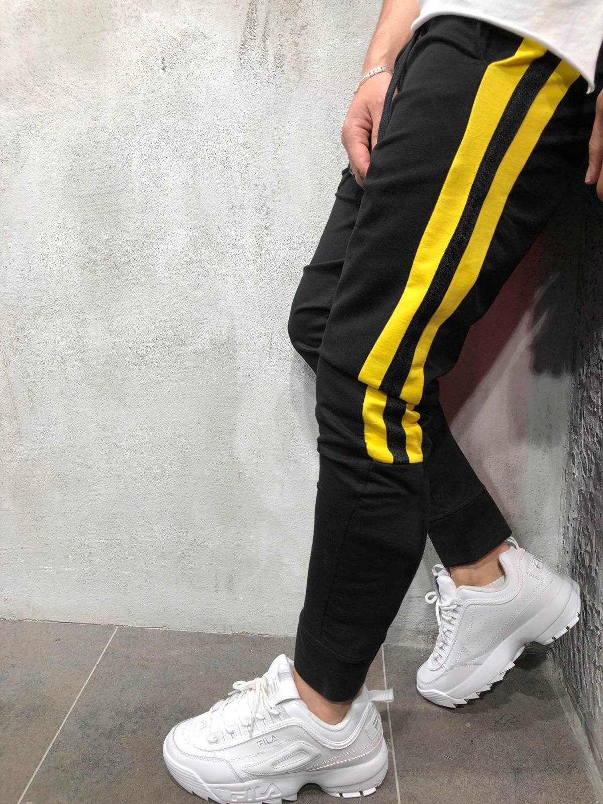 Black Sweatpants With Yellow Stripes - Mubimart