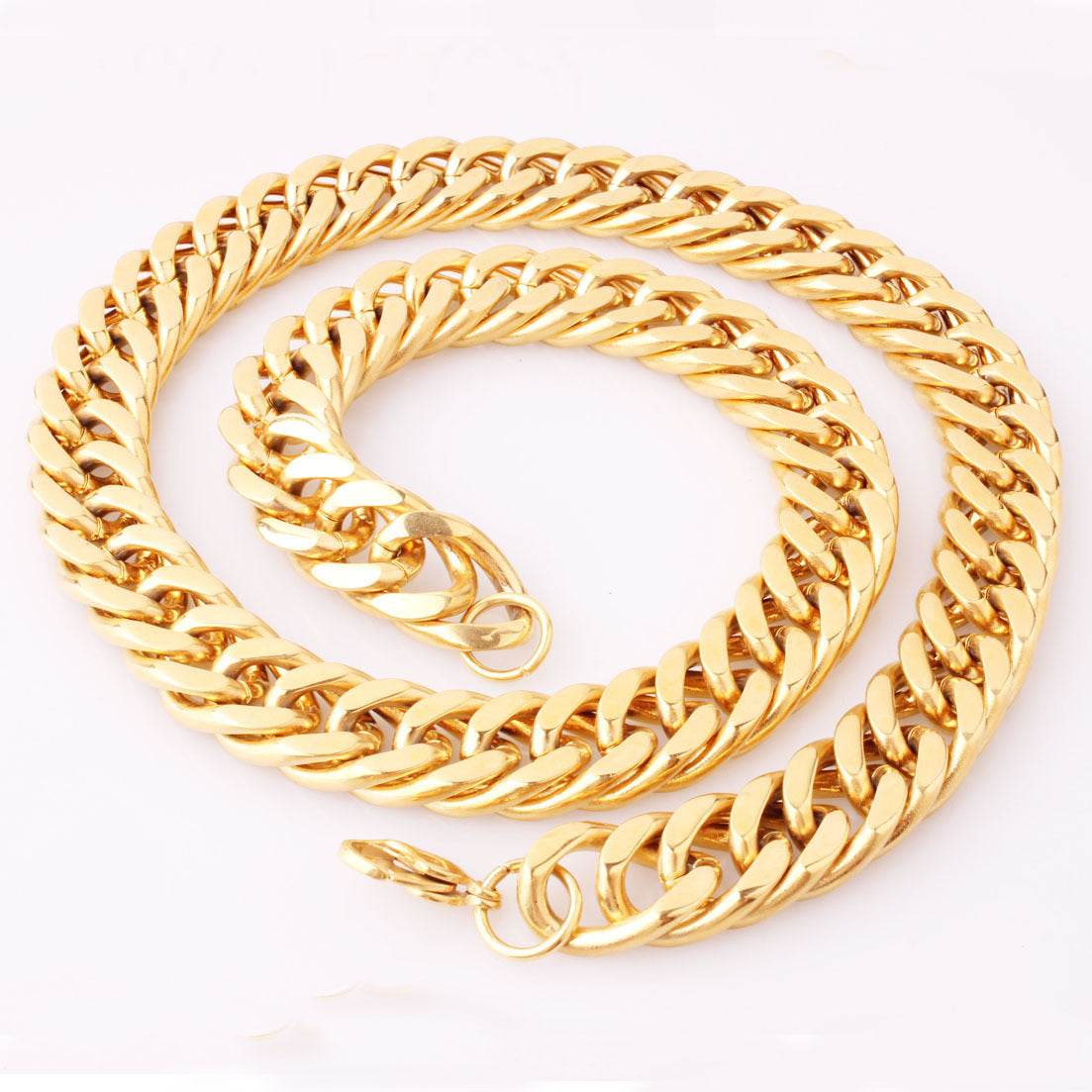 Mens Fashion Titanium Steel Gold Double Buckle Necklace - Mubimart