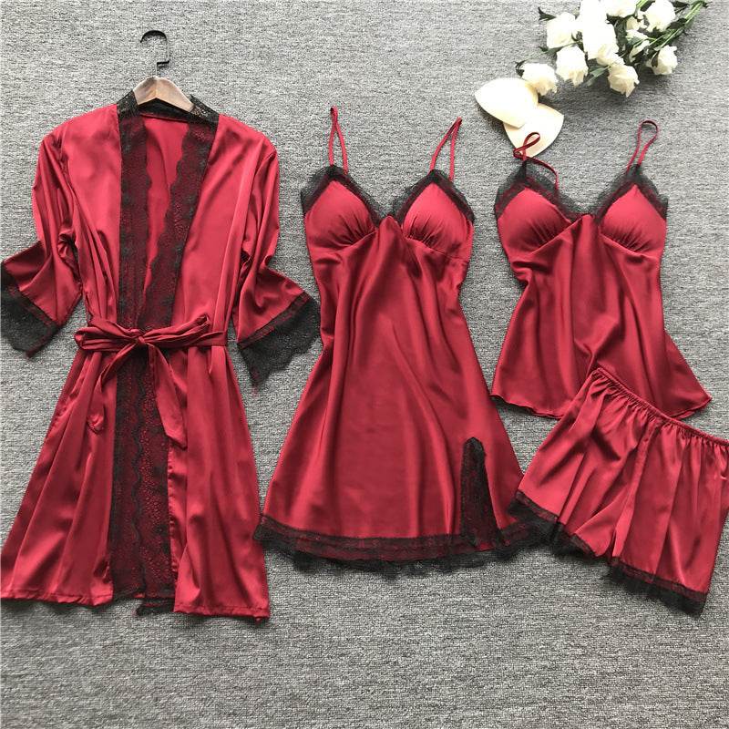 Silk pajama four piece set - Mubimart