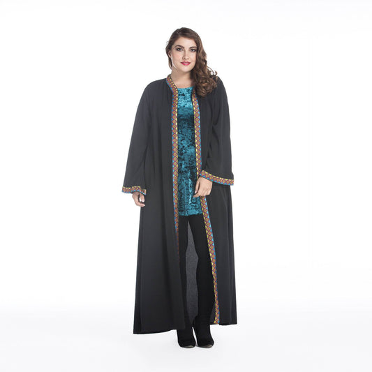 Loose Plus Size Paris Beads Retro Patchwork Long Sleeve Robe - Mubimart