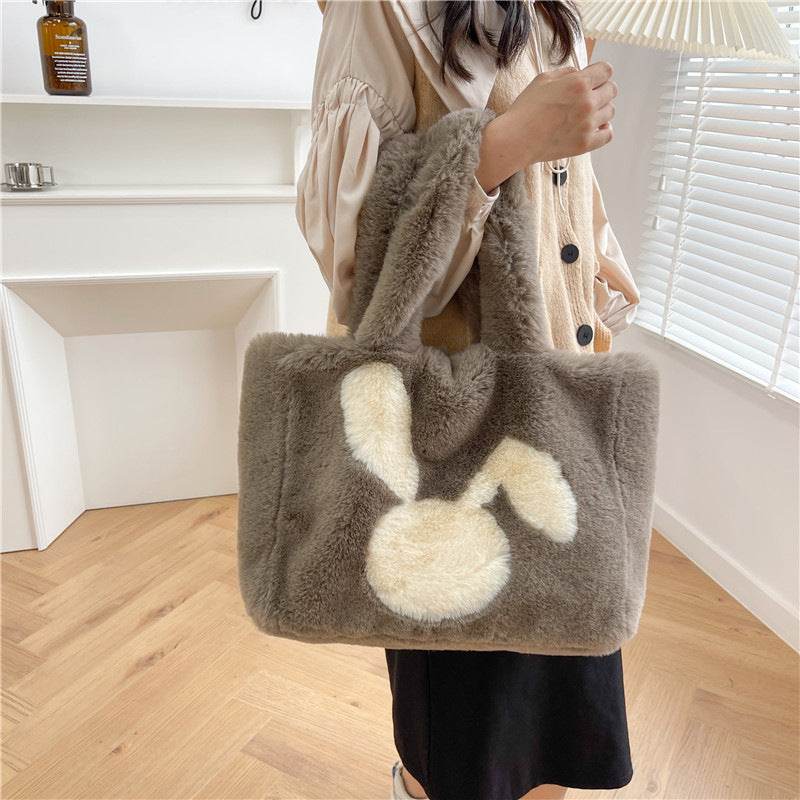 Cute Cartoon Rabbit Ears Plush Bag Autumn And Winter Shoulder Bag Shopping Handbags Large Capacity Personalized Tote Bags For Women - Mubimart