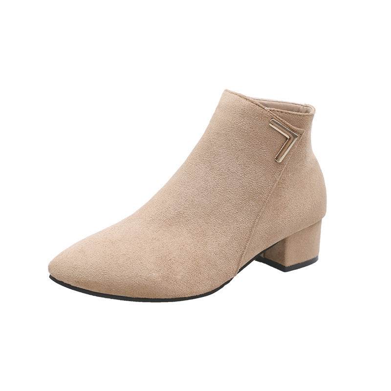Block Heel Suede Pointed Toe Low-Heel Short Boots - Mubimart