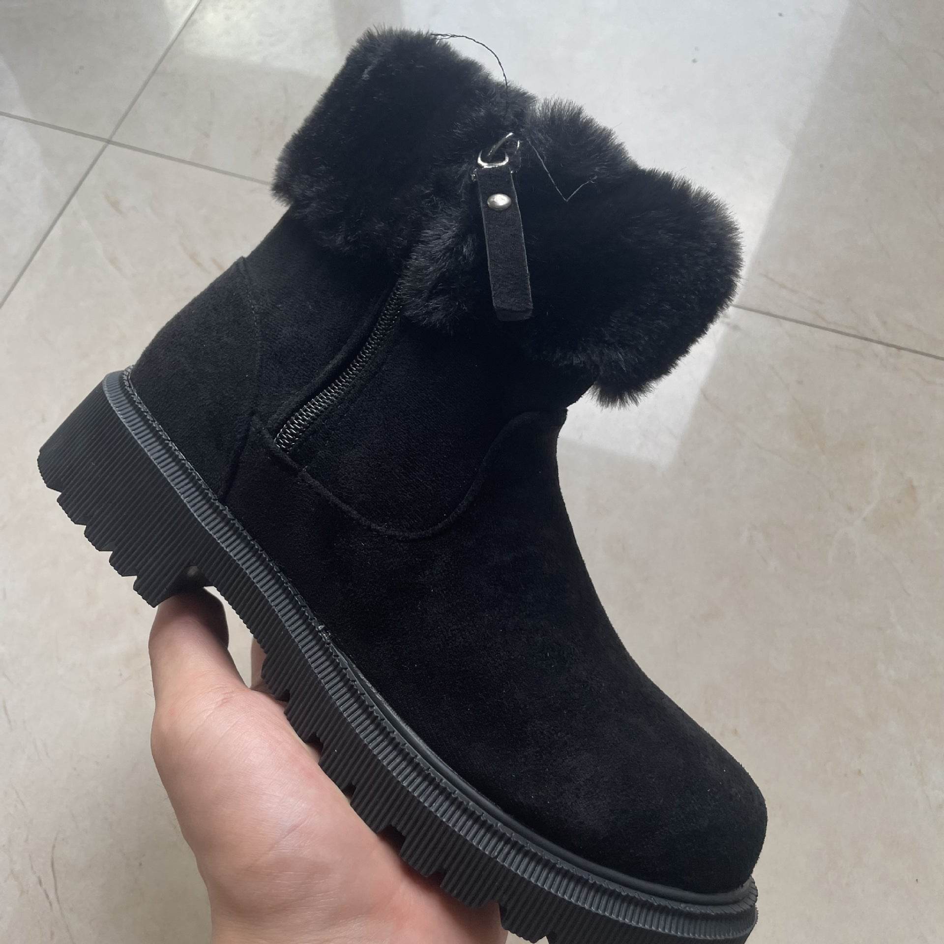 Warm Plush Boots Winter Fashion Side-Zipper Snow Boot For Women Outdoor Thickened Low-heelded Shoes - Mubimart