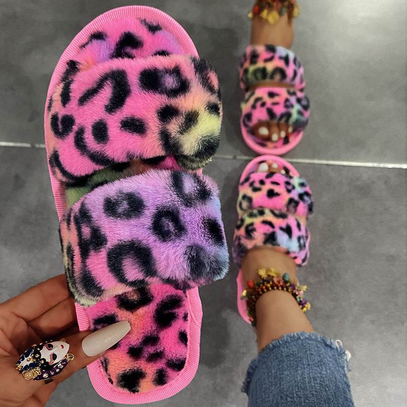 Women New Indoor Fuzzy Leopard Plush House Flat With Fuzzy Slipper - Mubimart