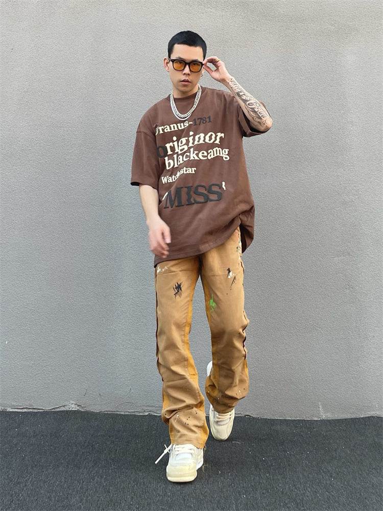 Khaki Men's Vibe Style Splattered Ink Graffiti Micro Flared Pants - Mubimart