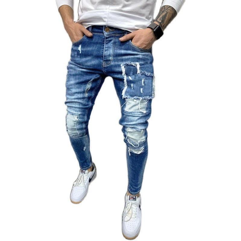 Heren Ripped Slim Fit Patch Jeans Mode