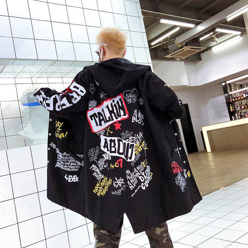 Dark graffiti trench coat - Mubimart