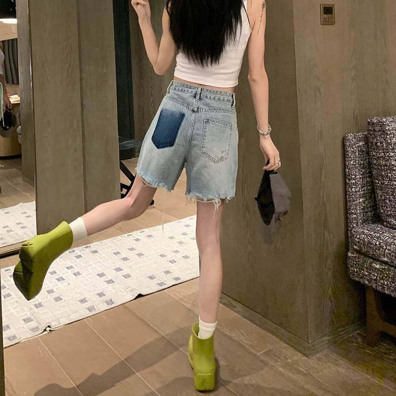 Washed Raw Edge High Waist Slim Wide Leg Denim Shorts Women - Mubimart