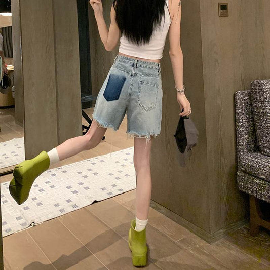 Washed Raw Edge High Waist Slim Wide Leg Denim Shorts Women - Mubimart