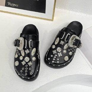 Toe Cap Semi Slipper New British Retro Platform Rivet Flat Shoes - Mubimart