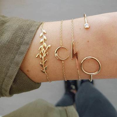 Trendy Gold Silver Crystal Leaf Moon Arrow Cat Bracelet set for Women Geometric Adjustable Bracelet Bangle Pulseiras - Mubimart