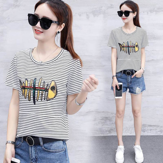 Striped short sleeve t-shirt for women - Mubimart