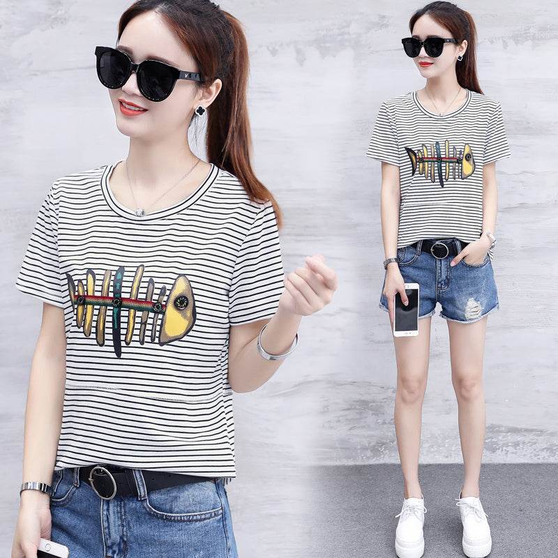 Striped short sleeve t-shirt for women - Mubimart