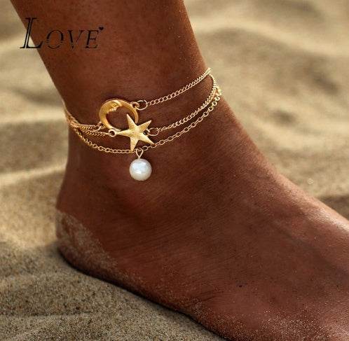 AY Bohemian Crystal Beads Anklet Set For Women Moon Pendant Bracelet on the Leg Ankle Strap Girl Summer Anklet Foot Jewelry - Mubimart