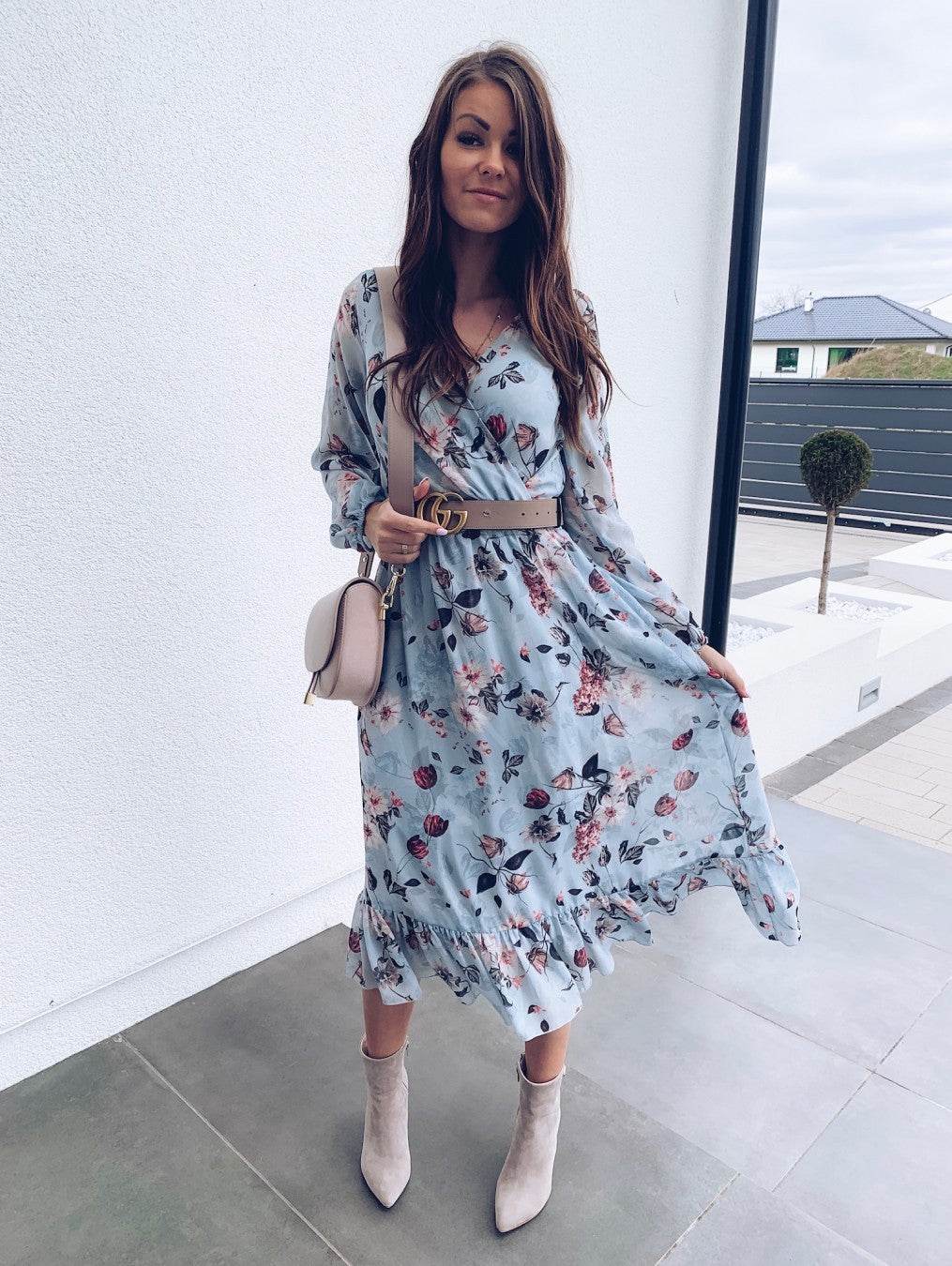 V-neck print dress maxi - Mubimart