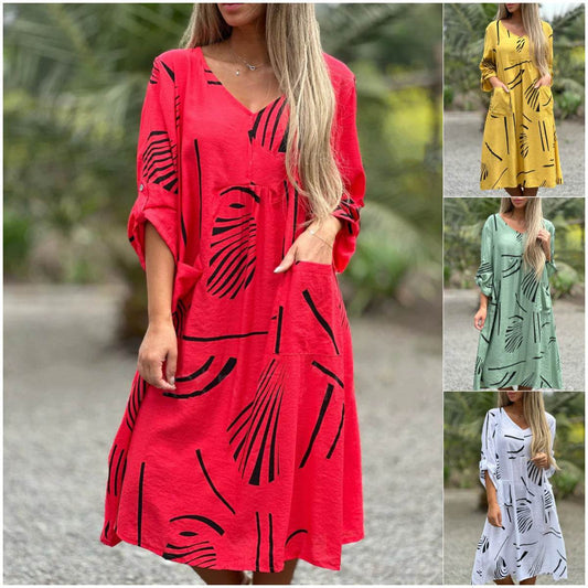 Fashion Printed V Neck Long Sleeve Dress Casual Loose Straight Dress Women's Clothing - Mubimart