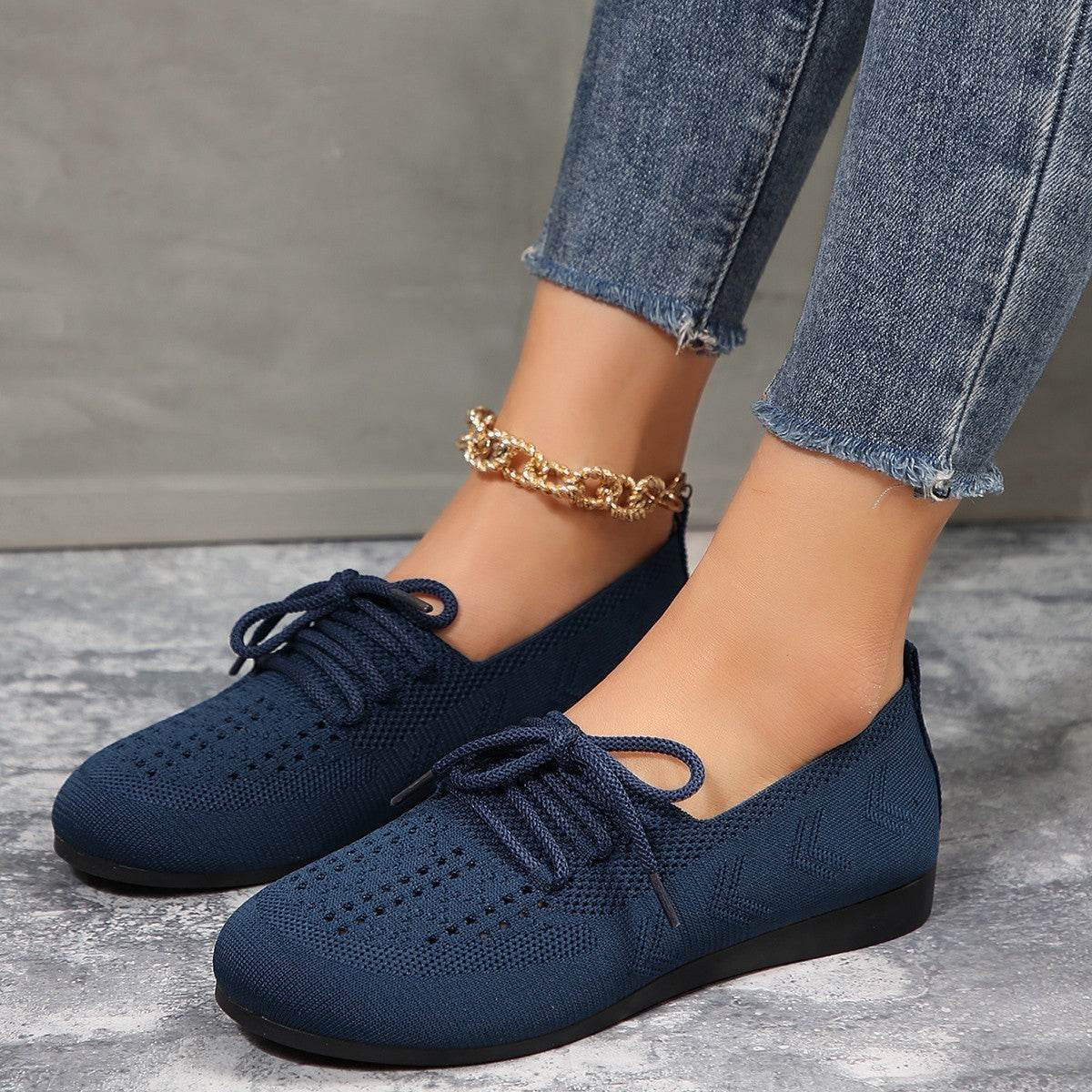 Lace-up Flats Women Fashion Breathable Lazy Mesh Shoes - Mubimart