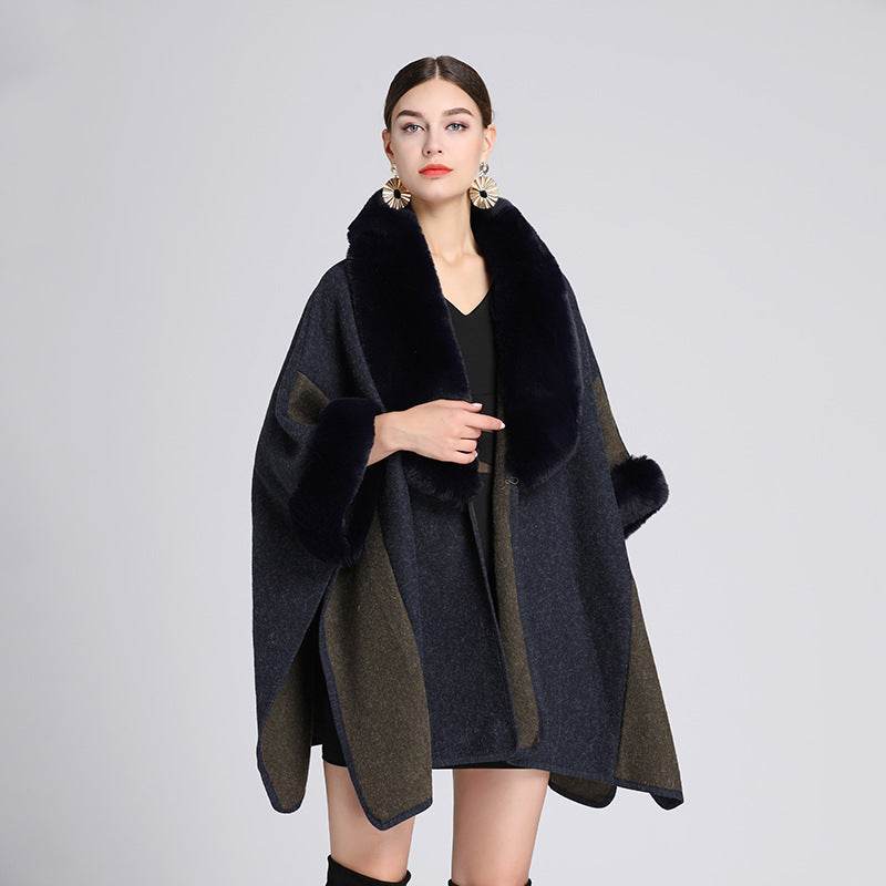 Imitation Rex Rabbit Fur Collar Cape And Shawl Women's Plus Size Loose Woolen Coat - Mubimart