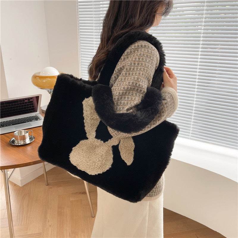 Cute Cartoon Rabbit Ears Plush Bag Autumn And Winter Shoulder Bag Shopping Handbags Large Capacity Personalized Tote Bags For Women - Mubimart